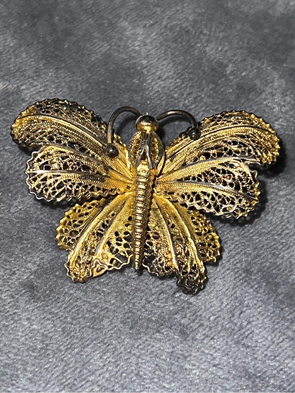 Vintage Portuguese Sterling Silver Gold Filigree Butterfly Brooch